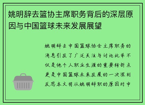姚明辞去篮协主席职务背后的深层原因与中国篮球未来发展展望