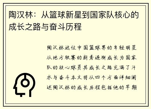 陶汉林：从篮球新星到国家队核心的成长之路与奋斗历程