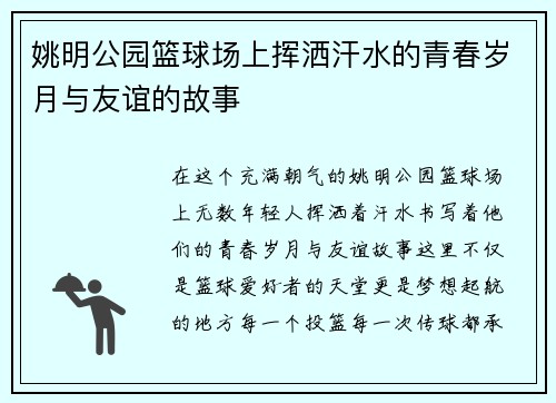 姚明公园篮球场上挥洒汗水的青春岁月与友谊的故事